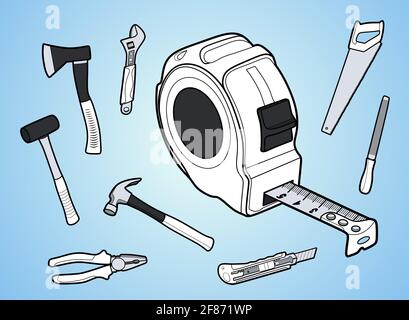 Working tools icon set vector illustration line art on sky background Stock Vector