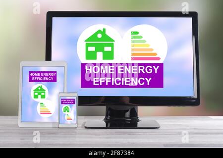 Home energy efficiency concept shown on different information technology devices Stock Photo