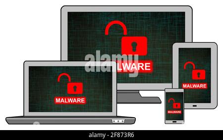 Malware concept shown on different information technology devices Stock Photo