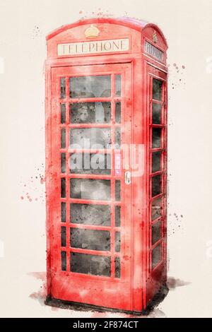 Red telephone box. Typical British phone booth. Aquarelle, watercolor illustration. Stock Photo