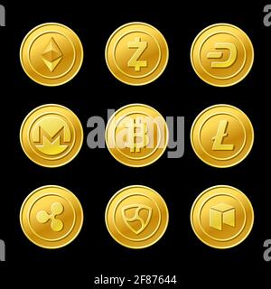 Crypto currency golden coins isolated on black Stock Vector