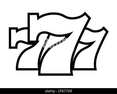 Triple Lucky Sevens with white contour - black and white vector illustration Stock Vector