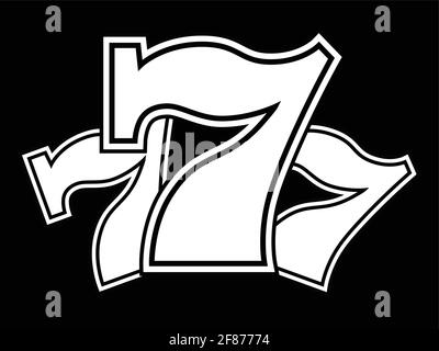 Triple Lucky Sevens with white contour - black and white vector illustration Stock Vector