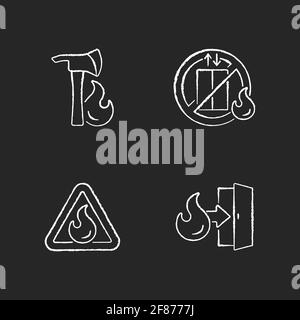 Workplace fire safety chalk white icons set on black background Stock Vector