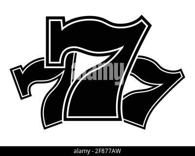 Triple Lucky Sevens with white contour - black and white vector illustration Stock Vector