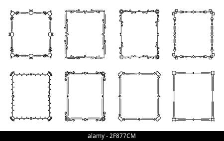 Flower and leaf vector line frames square, dividers on isolated white. Decorative ornaments for scrapbook, card, book, wedding invate, menu or certificate. Chapter decorations and delimiters set. Stock Vector