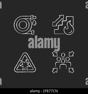 Office fire safety instructions chalk white icons set on black background Stock Vector