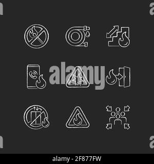 Fire safety guidelines chalk white icons set on black background Stock Vector