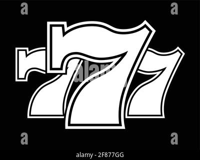 Triple Lucky Sevens with white contour - black and white vector illustration Stock Vector