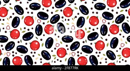 Vegetable seamless pattern. Vegetables in the garden. olives and tomatoes. Italian food. Kitchen textile design. Digital paper gardening. Vector illus Stock Vector