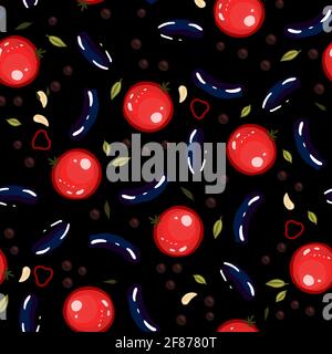 Vegetable seamless pattern. Vegetables in the garden. olives and tomatoes. Italian food. Kitchen textile design. Digital paper gardening. Vector illus Stock Vector