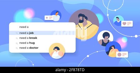 mix race people profiles choosing need a job in search bar on virtual screen find job online recruitment service Stock Vector