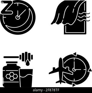 Recommendations to improve sleep black glyph icons set on white space Stock Vector