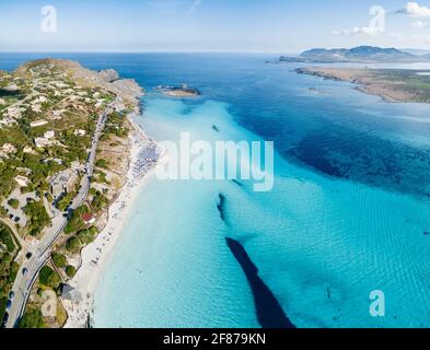 Mediterranean beach La Pelosa, Stintino, Sardinia island, Italy.Aerial view Stock Photo
