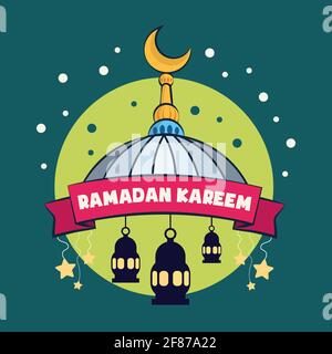 Ramadan Kareem poster, Ramzan lantern, crescent moon and mosque flat illustration vector banner Stock Vector