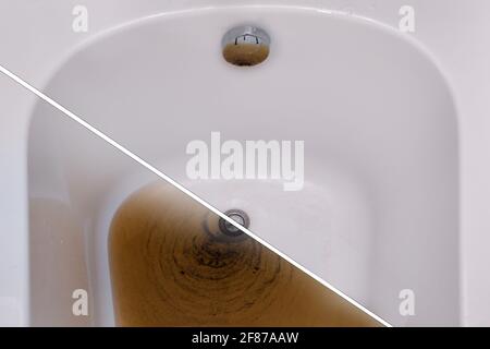 Unclogging bathroom dirt. Before and after fixing the blockage problem Stock Photo