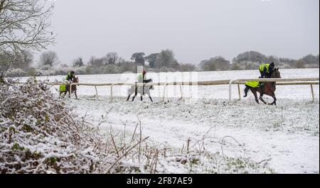Epsom Downs, UK. 12th Apr, 2021. Race horses train in the Snow on Epsom Downs. Credit: Nigel Bramley/Alamy Live News Stock Photo