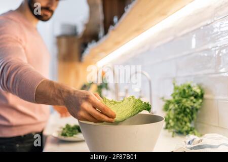 Unrecognized handsome man preparing salad in the kitchen. Stock Photo