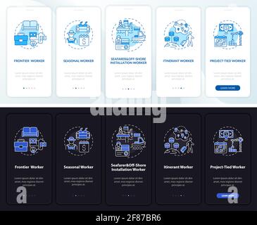 Immigrant workers types onboarding mobile app page screen with concepts Stock Vector