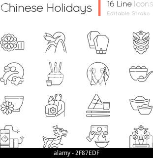 Chinese holidays linear icons set Stock Vector