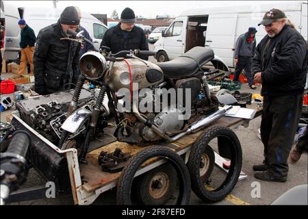 Motorcycle autojumble with a Bsa 1957 a10 on a trailer at kempton park  january 2011 regular gathering buy and sell used spares and motorbikes Stock Photo