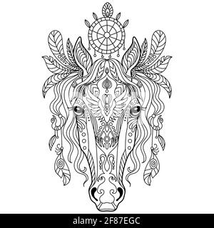 Head of horse. Abstract vector contour illustration isolated on white background. For adult anti stress coloring book page with doodle and zentangle e Stock Vector