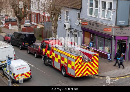 Emergency services in Seaforth Road, Westcliff on Sea, Essex, UK, at junction with Station Road. Essex County Fire & Rescue Service attending property
