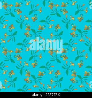 Branches with flowers drawing, bloom in yellow colors, floral seamless pattern, nature abstract background vector. Line art botanical illustration gra Stock Vector