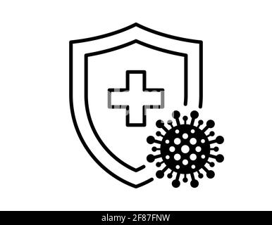 Immune system concept. Hygienic medical black linear shield protecting from coronavirus COVID-19 icon. Human immunity sign. Corona virus 2019-ncov def Stock Vector