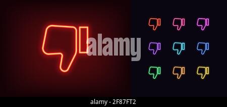 Neon thumb down icon. Glowing neon dislike sign, outline disapproving hand pictogram in vivid colors. Social media feedback, negative attitude, worst Stock Vector