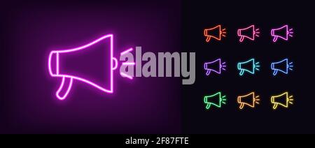Neon loudspeaker icon. Glowing neon speaker sign, outline megaphone pictogram in vivid colors. Online marketing, promotion in social media, public pro Stock Vector