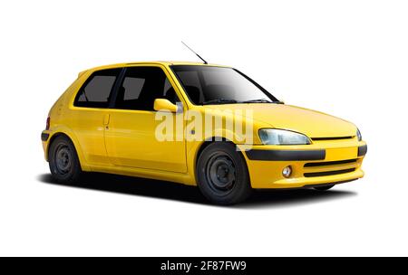 Yellow Peugeot 106 Rallye isolated on white background Stock Photo