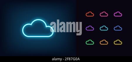 Neon cloud icon. Glowing neon cloud sign, outline technology pictogram in vivid colors. Online data storage, cloud computing and web service, sync ser Stock Vector