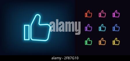 Neon thumb up icon. Glowing neon like sign, outline approving hand pictogram in vivid colors. Social media feedback, positive attitude, best choice. V Stock Vector