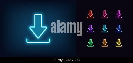 Neon download icon. Glowing neon download sign, outline arrow pictogram in vivid colors. Online data saving, information downloading, interaction with Stock Vector