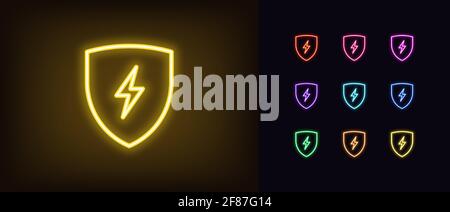 Neon electric shield icon. Glowing neon shield with lightning sign, outline charge pictogram. Safe charging, electric station, voltage protection, spa Stock Vector