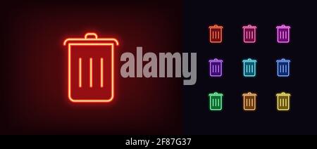 Neon trash can icon. Glowing neon dustbin sign, outline garbage pictogram in vivid colors. Trash bucket, internet rubbish, junk information, web dump. Stock Vector