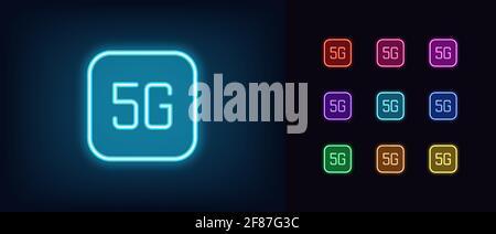 Neon 5G network icon. Glowing neon 5G sign, outline mobile internet pictogram. 5 generation of broadband cellular signal, wireless internet connection Stock Vector