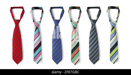 Strapped neckties in different colors, men's striped ties. Isolated on white background Stock Photo