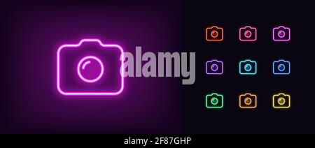 Neon photo camera icon. Glowing neon camera sign, outline photo shooting pictogram in vivid colors. Digital photography, photo studio, content product Stock Vector