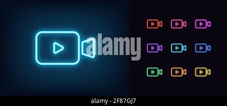 Neon video camera icon. Glowing neon projector with play sign, outline video content pictogram. Online broadcasting, live stream and story, video chan Stock Vector