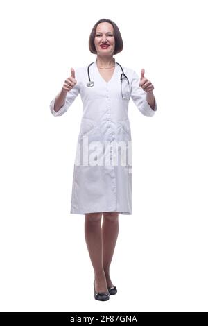 friendly senior doctor pointing at you . isolated on a white background. Stock Photo