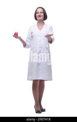 senior female medic with a laboratory bottle. isolated on a white background. Stock Photo