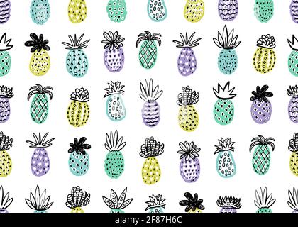 Seamless pineapple pattern. Handdrawn Pineapple with different textures in pastel colors. Exotic fruits background For Fashion print, textile, fabric, Stock Photo