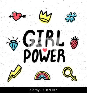 Girl power card. Girl Power hand drawing inscription and colorful icons. Vector illustration. Stock Vector