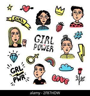 Feminist icons set. Feminist cute hand drawing illustration for print, brochure, greeting card, bag, clothing. Colorful Girl portraits, inscriptions Stock Vector