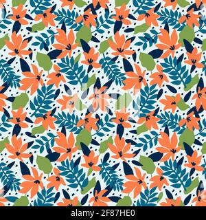 Seamless Floral Pattern. Fashion textile pattern with decorative tropical leaves and coral flowers on blue background. Vector illustration Stock Vector