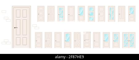 Large collection  vector doors. Entrance doors and Interior doors in beige. Doors with or without glass. Building interior and exterior architectural Stock Vector
