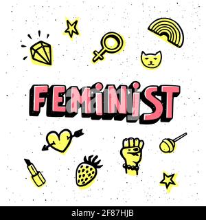 Feminist card. Feminist hand-drawn inscription and bright icons for print, brochure, greeting card, bag, clothing. Vector illustration Stock Vector