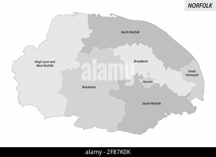 The Norfolk county isolated map divided in districts with labels, England Stock Vector